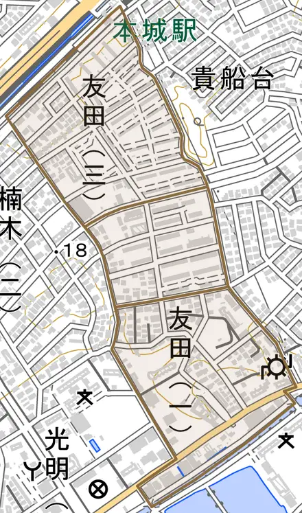 友田とその周辺の地図。町の範囲を重ねている