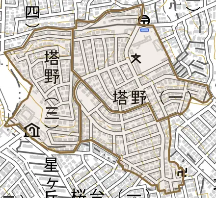 塔野とその周辺の地図。町の範囲を重ねている