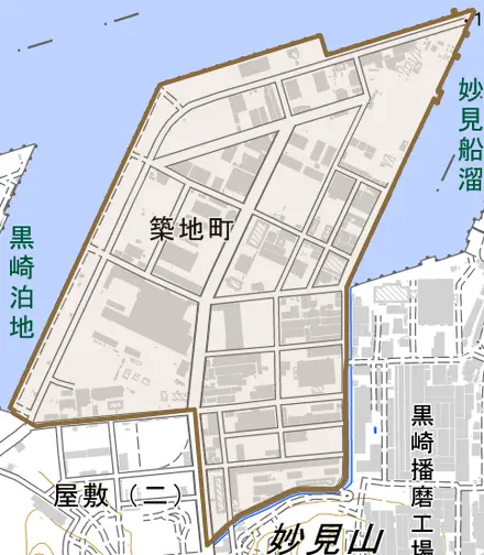 築地町とその周辺の地図。町の範囲を重ねている