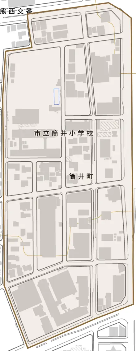筒井町とその周辺の地図。町の範囲を重ねている