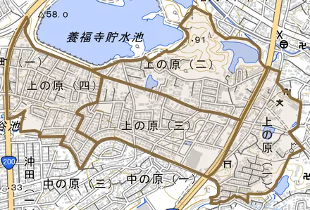 上の原とその周辺の地図。町の範囲を重ねている