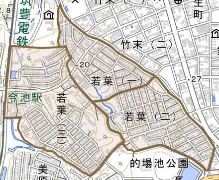 若葉とその周辺の地図。町の範囲を重ねている
