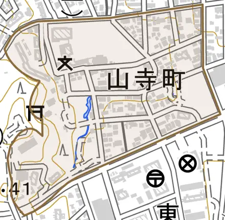 山寺町とその周辺の地図。町の範囲を重ねている