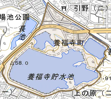 養福寺町とその周辺の地図。町の範囲を重ねている
