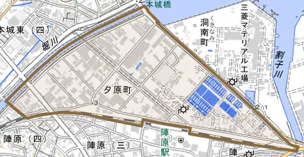 夕原町とその周辺の地図。町の範囲を重ねている