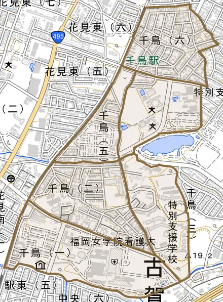 千鳥とその周辺の地図。町の範囲を重ねている