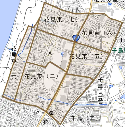 花見東とその周辺の地図。町の範囲を重ねている