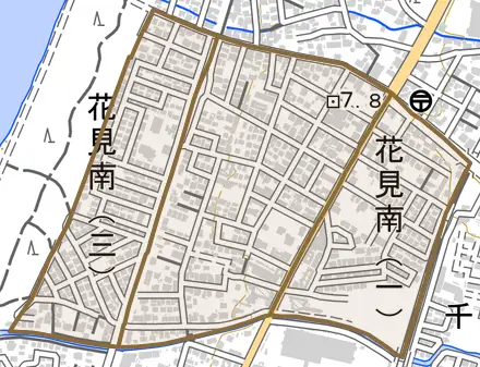 花見南とその周辺の地図。町の範囲を重ねている