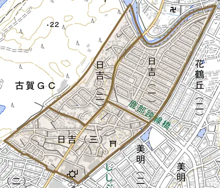 日吉とその周辺の地図。町の範囲を重ねている