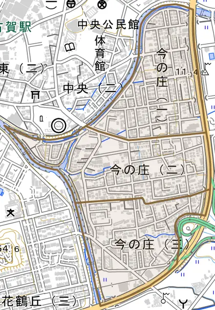 今の庄とその周辺の地図。町の範囲を重ねている