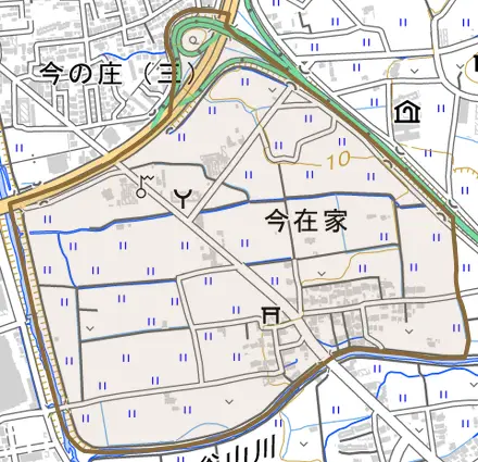 今在家とその周辺の地図。町の範囲を重ねている