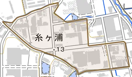 糸ケ浦とその周辺の地図。町の範囲を重ねている