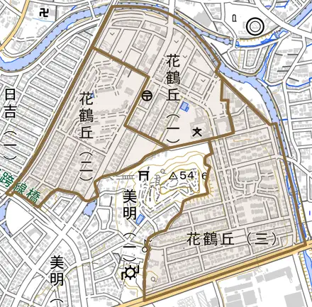花鶴丘とその周辺の地図。町の範囲を重ねている