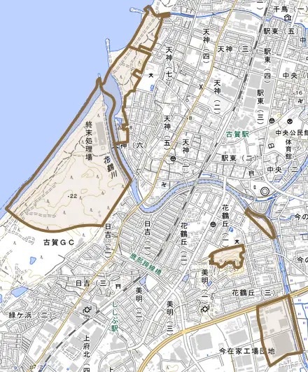 古賀とその周辺の地図。町の範囲を重ねている