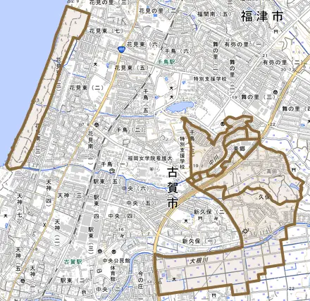 久保とその周辺の地図。町の範囲を重ねている