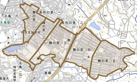 舞の里とその周辺の地図。町の範囲を重ねている