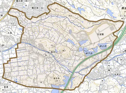 筵内とその周辺の地図。町の範囲を重ねている