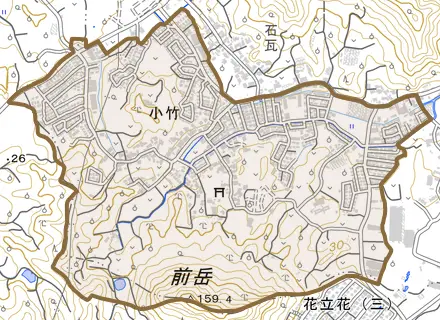 小竹とその周辺の地図。町の範囲を重ねている