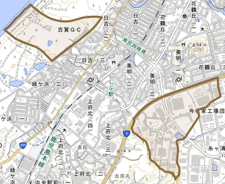 鹿部とその周辺の地図。町の範囲を重ねている