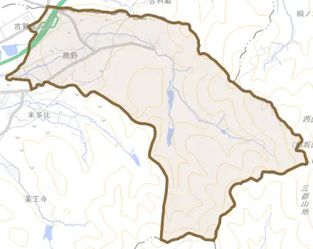 薦野とその周辺の地図。町の範囲を重ねている