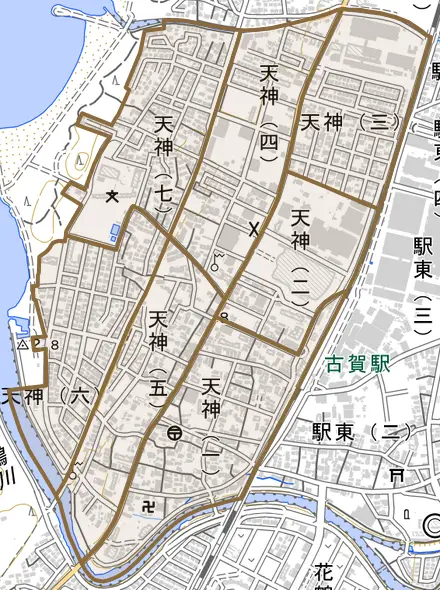 天神とその周辺の地図。町の範囲を重ねている