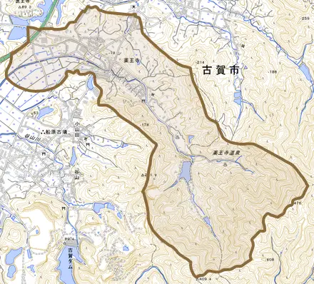 薬王寺とその周辺の地図。町の範囲を重ねている