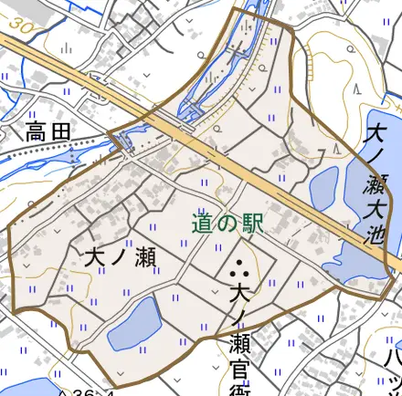 大字大ノ瀬とその周辺の地図。町の範囲を重ねている