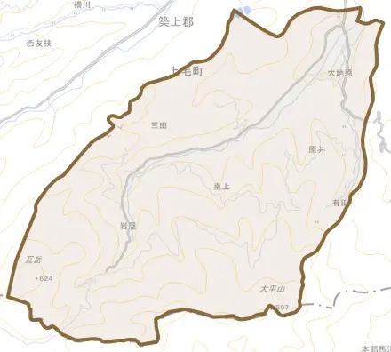 大字東上とその周辺の地図。町の範囲を重ねている