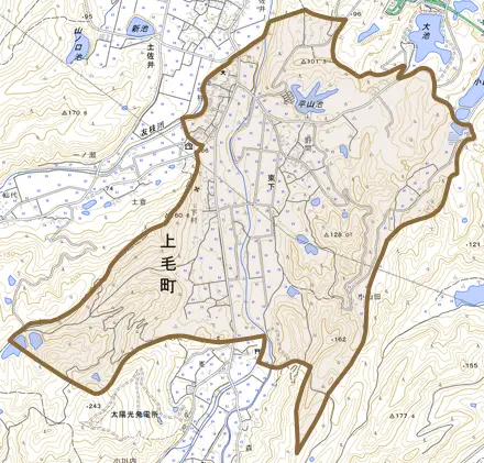大字東下とその周辺の地図。町の範囲を重ねている