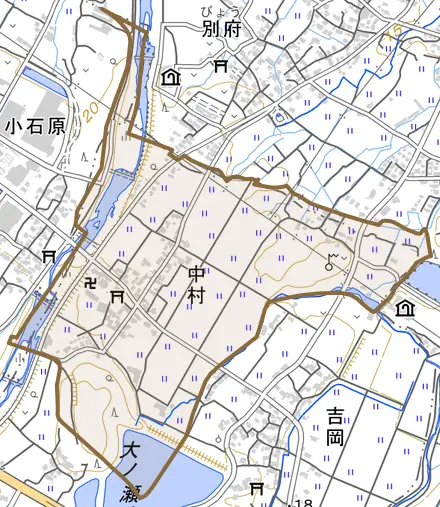 大字中村とその周辺の地図。町の範囲を重ねている