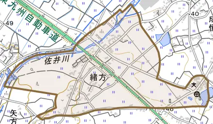 大字緒方とその周辺の地図。町の範囲を重ねている