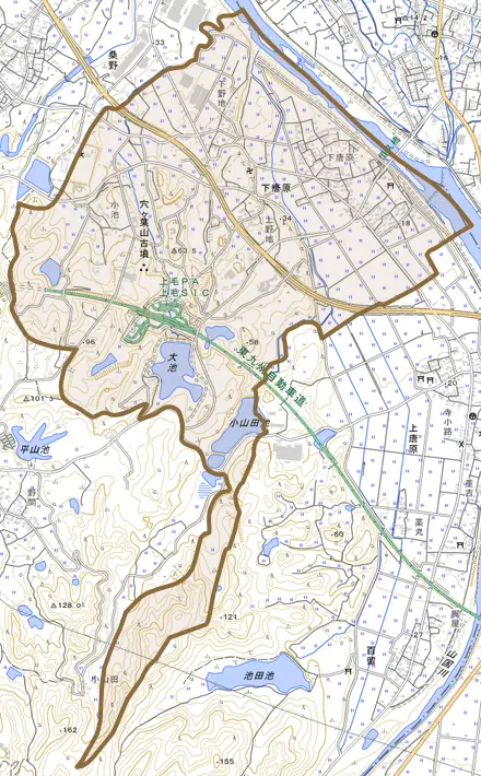大字下唐原とその周辺の地図。町の範囲を重ねている