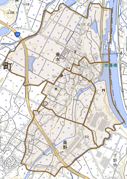 大字垂水とその周辺の地図。町の範囲を重ねている