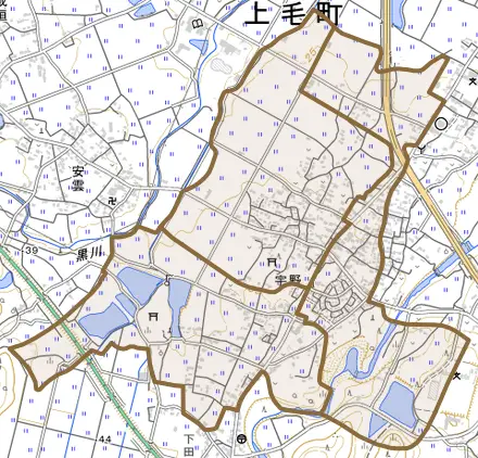 大字宇野とその周辺の地図。町の範囲を重ねている