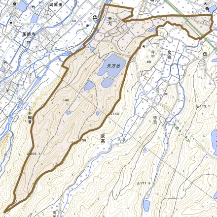 大字矢方とその周辺の地図。町の範囲を重ねている