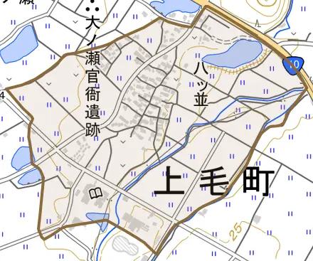 大字八ツ並とその周辺の地図。町の範囲を重ねている