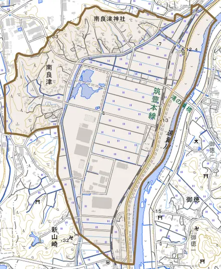 大字南良津とその周辺の地図。町の範囲を重ねている