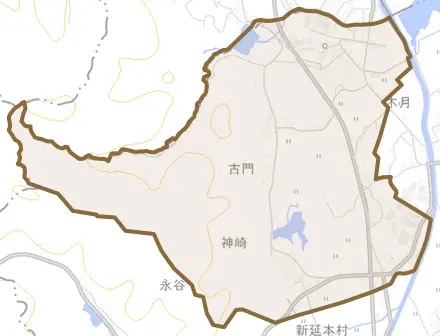 大字古門とその周辺の地図。町の範囲を重ねている