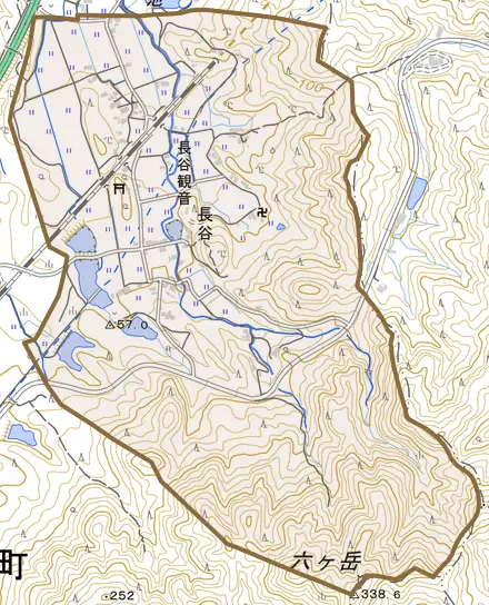 大字長谷とその周辺の地図。町の範囲を重ねている