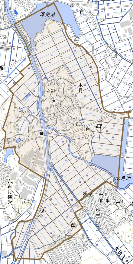 大字木月とその周辺の地図。町の範囲を重ねている