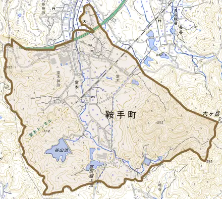 大字室木とその周辺の地図。町の範囲を重ねている