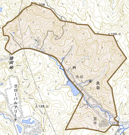 大字永谷とその周辺の地図。町の範囲を重ねている