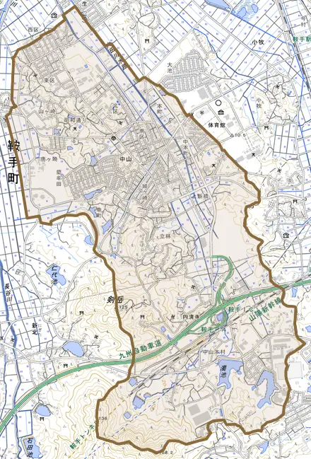 大字中山とその周辺の地図。町の範囲を重ねている