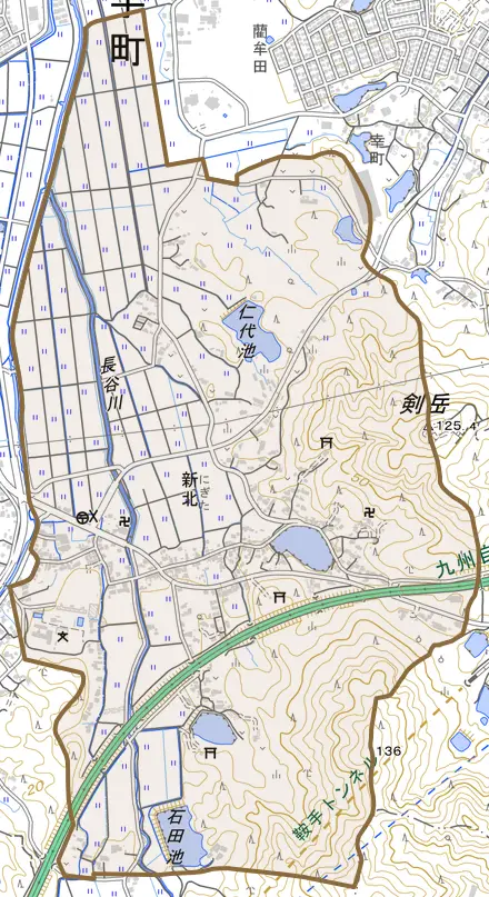 大字新北とその周辺の地図。町の範囲を重ねている