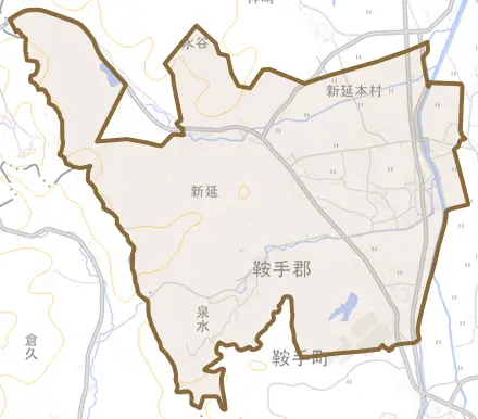 大字新延とその周辺の地図。町の範囲を重ねている