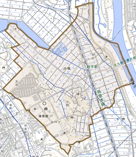 大字小牧とその周辺の地図。町の範囲を重ねている