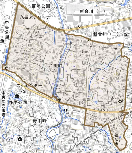 合川町とその周辺の地図。町の範囲を重ねている