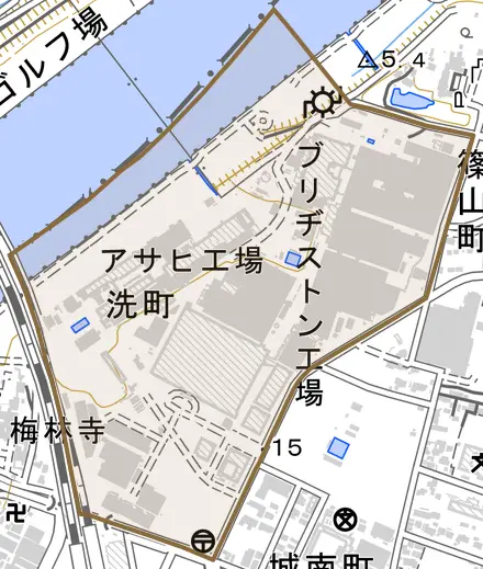 洗町とその周辺の地図。町の範囲を重ねている