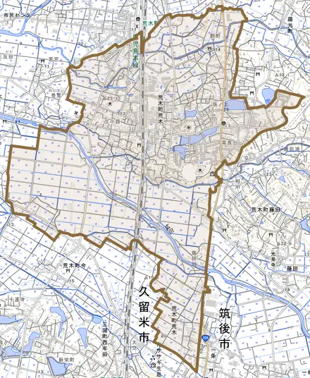 荒木町荒木とその周辺の地図。町の範囲を重ねている