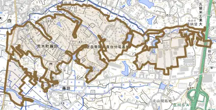 荒木町藤田とその周辺の地図。町の範囲を重ねている